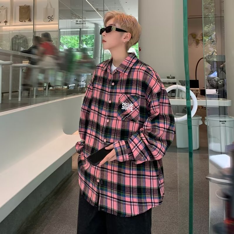 Áo Sơ Mi Caro Form Rộng Thời Trang Cho Nam Áo Sơ Mi Kẻ Sọc Nam Áo Sơ Mi Nam Dài Tay Áo Phối Túi Ngực Thời Trang Phong Cách Cặp Đôi