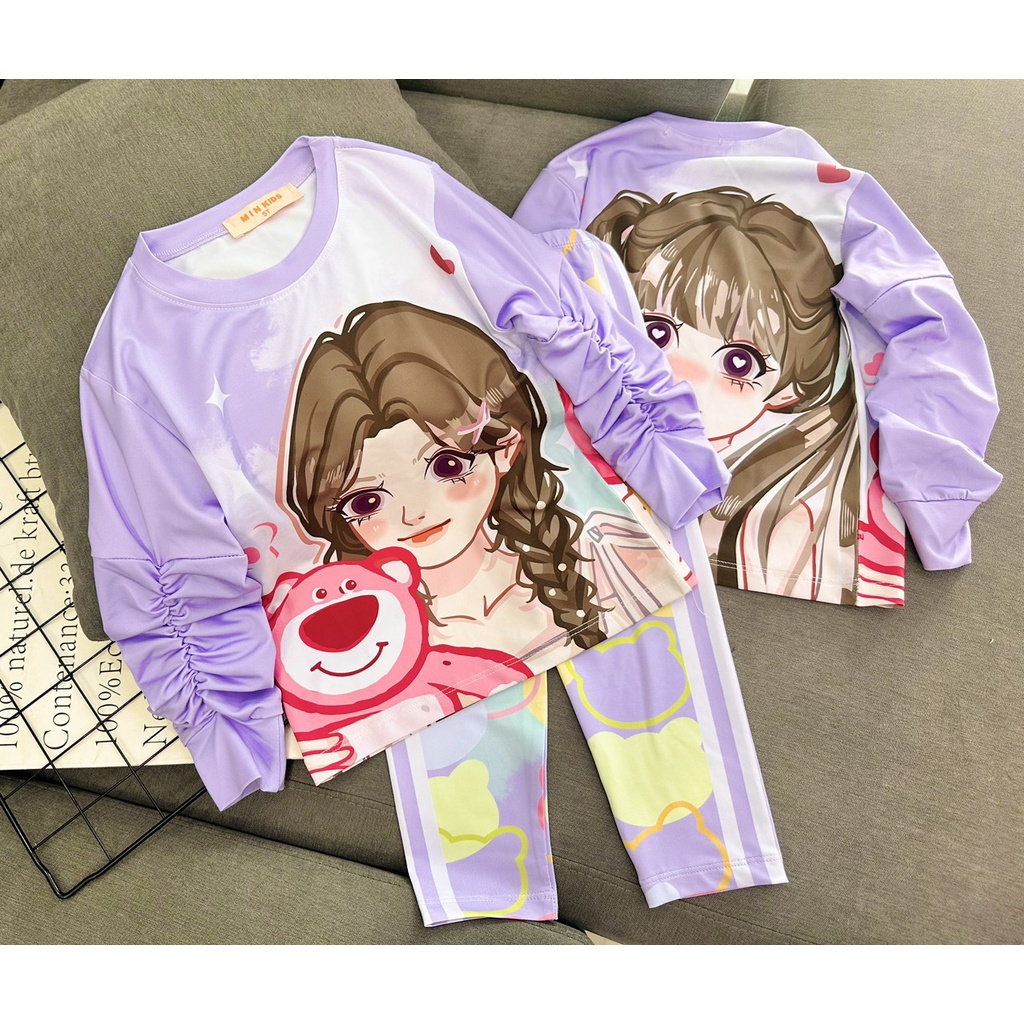 12kg-40kg Đồ bộ dài tay cho bé gái gấu dâu size đại thun lạnh chính phẩm in 3D - bộ thu đông bé gái