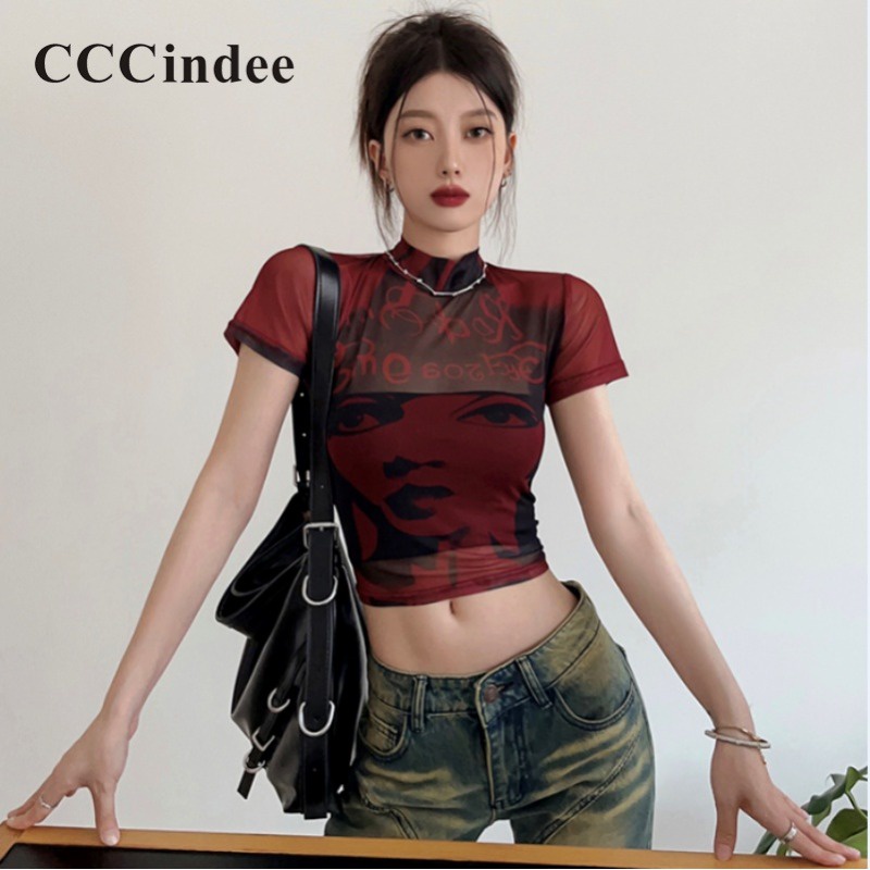 Áo Thun Croptop Tay Ngắn Cổ Lọ Dáng Ôm In Họa Tiết Thời Trang 2023 Quyến Rũ Cho Nữ