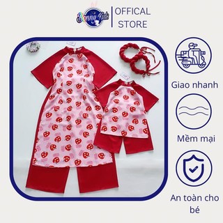 Áo dài Mẹ và Bé trái dâu đỏ kèm mấn cho bé mùa Tết