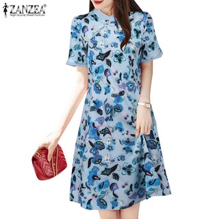 Zanzea Đầm Tay Ngắn Cổ Đứng In Họa Tiết Phối Nút Phong Cách Hàn Quốc Cho Nữ
