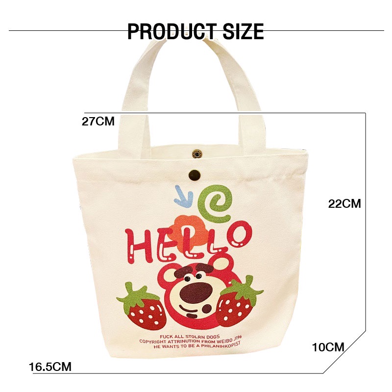 Túi mua sắm MR PUFFER vải canvas mini cầm tay đa năng thân thiện với môi trường họa tiết gấu dâu dễ thương