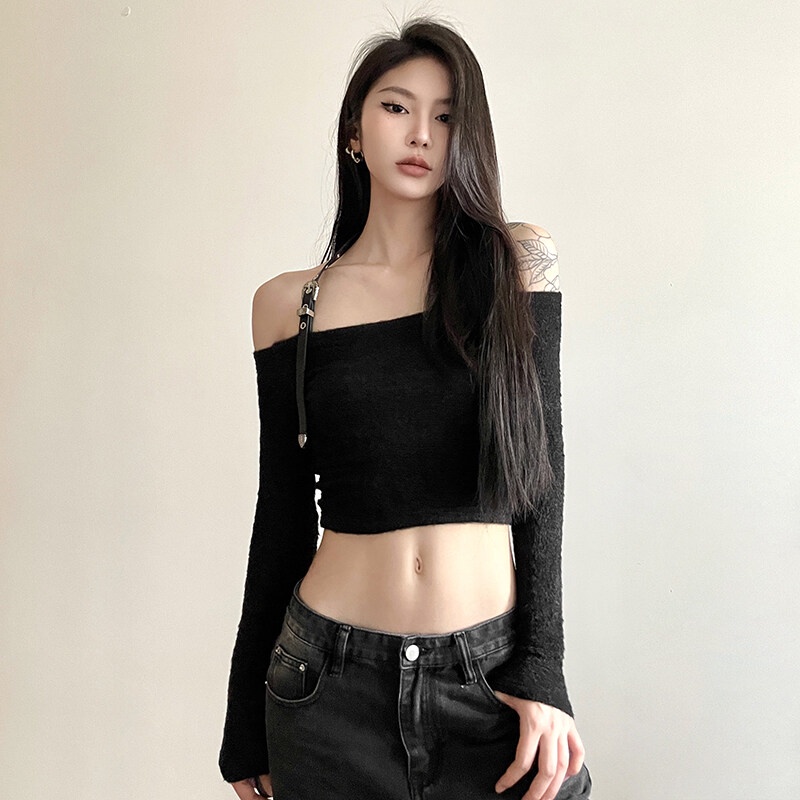 Weird Puss Áo Croptop Dệt Kim Dài Tay Trễ Vai Thời Trang Quyến Rũ Dành Cho Nữ
