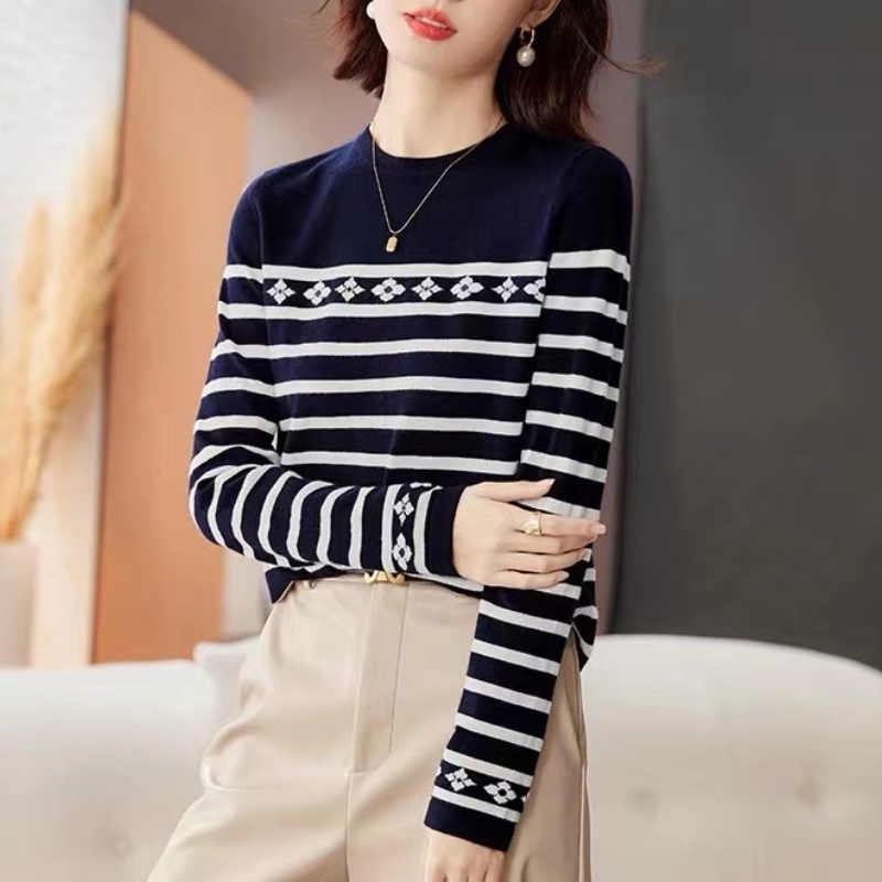 H Áo sweater Cổ Tròn Tay Dài Kẻ Sọc Thời Trang Thu Đông Cho Nữ