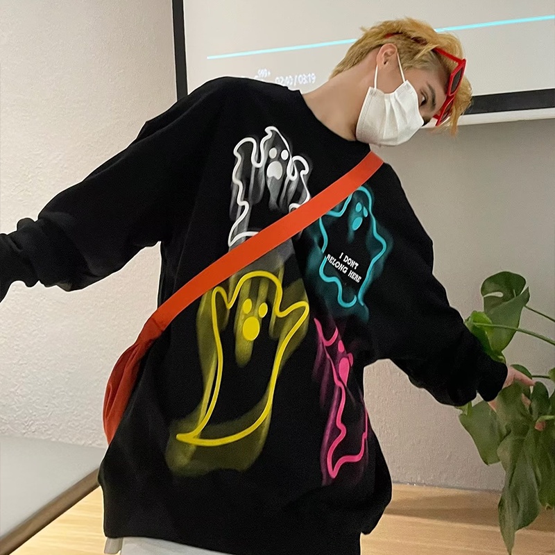 Áo Sweater Dáng Rộng In Hình Ma Dễ Thương Kiểu Đường Phố Mỹ Thời Trang Xuân Thu Cho Nam