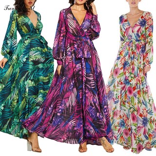 Plus Đầm maxi Tay Dài Phồng Cổ Chữ v In Họa Tiết Lá Cây Phong Cách Bohemian Thời Trang Đi Biển Cho Nữ
