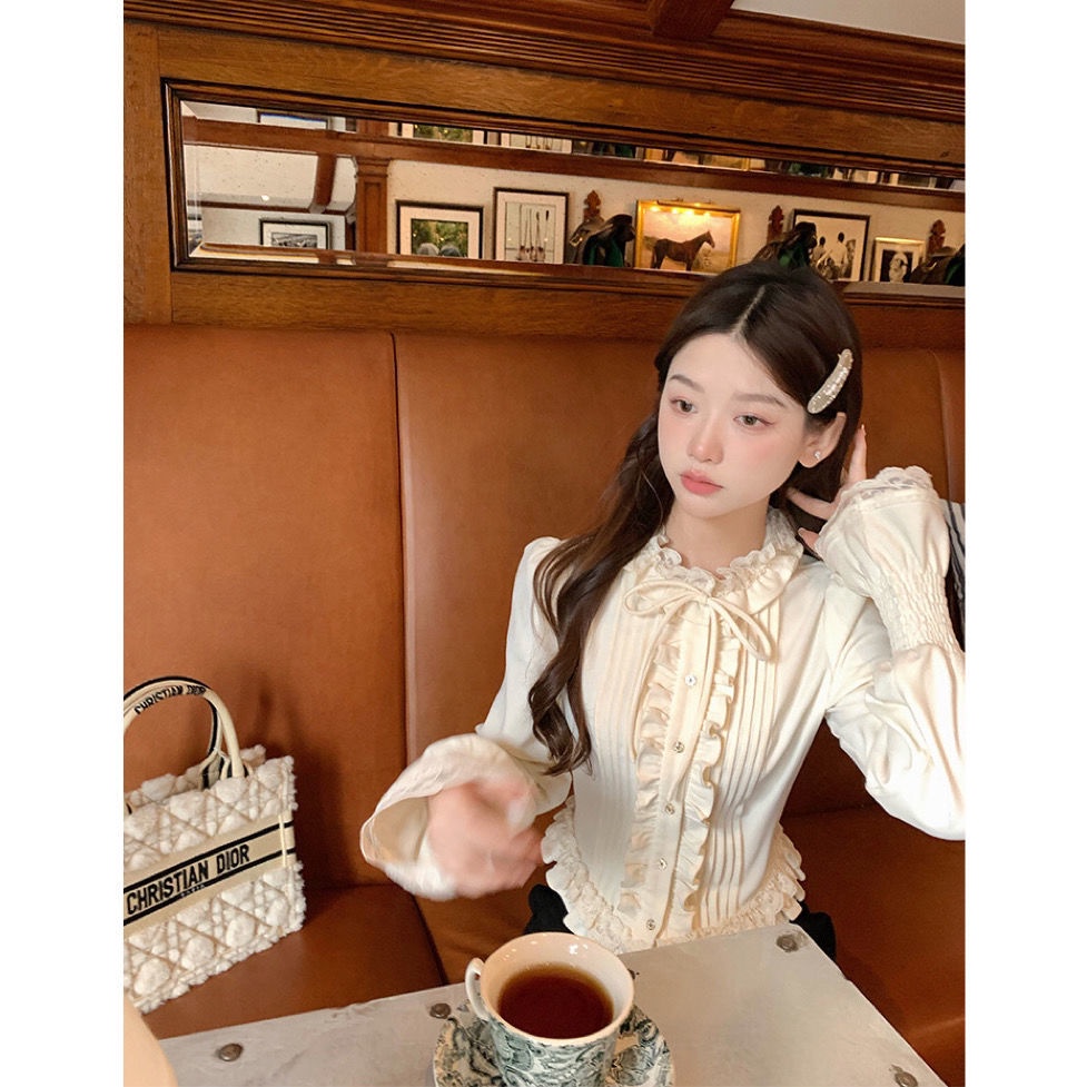 Áo Kiểu Tay Phồng Phối Ren Bèo Phong Cách Pháp