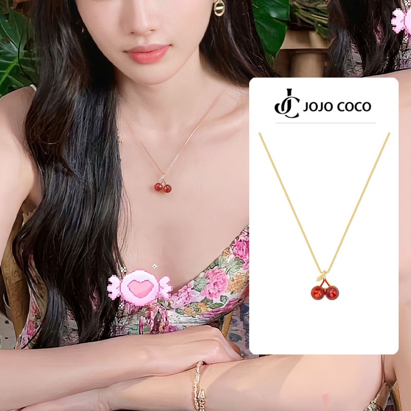 JOJO COCO Vòng cổ Mặt Quả cherry Đỏ Đính Pha Lê Phong Cách Hàn Quốc