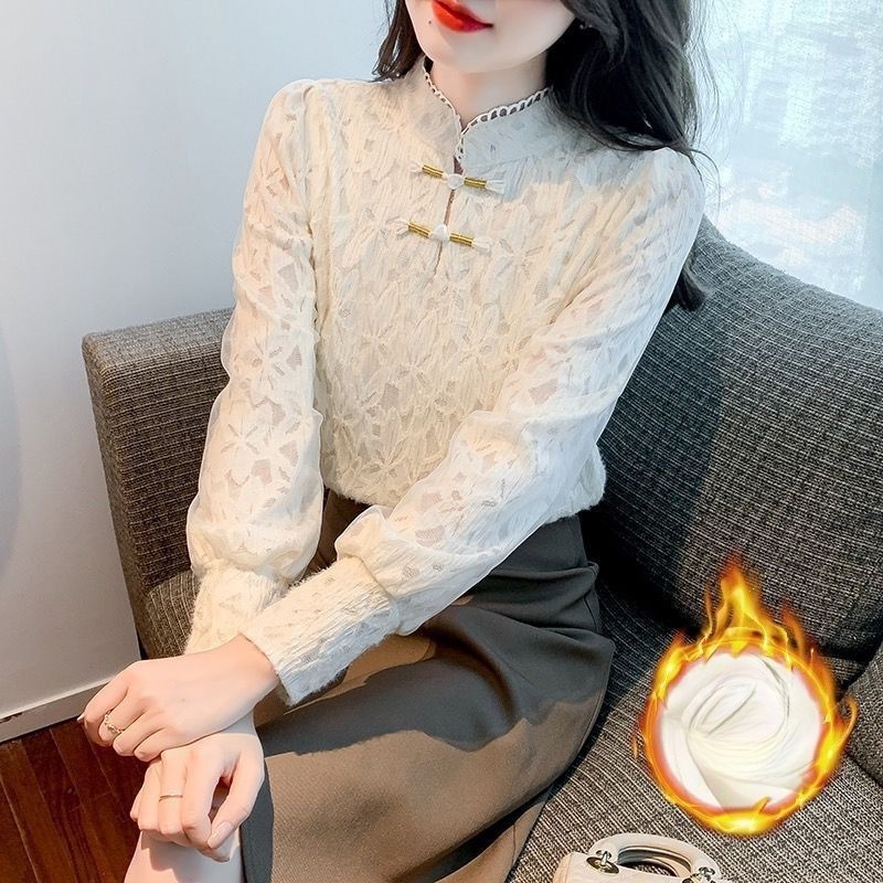 Áo Sơ Mi Tay Dài Phối Ren Thắt Nơ Phong Cách Trung Hoa Mới Cho Nữ