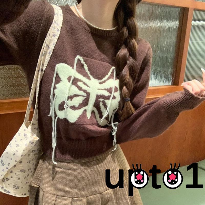 Up-áo sweater Dệt Kim Chui Đầu Tay Dài In Họa Tiết Bướm Phối Tua Rua Thời Trang Thu Đông Đường Phố Cho Nữ