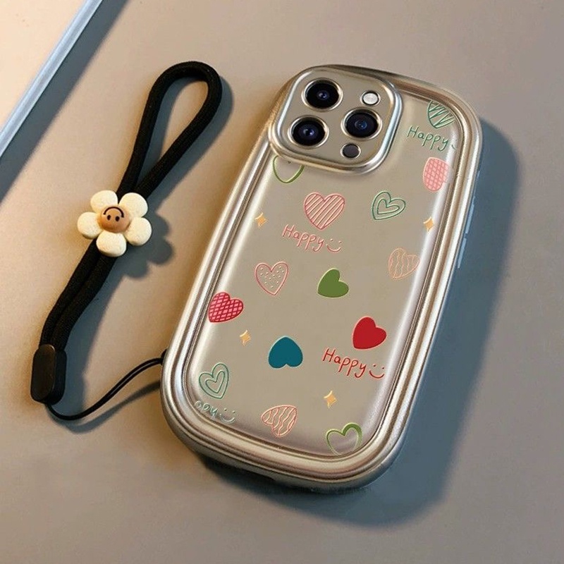 Ốp Điện Thoại Dẻo Màu Đen In Hình Hoa / Trái Tim / oval Có Dây Đeo Cho iphone 15 pro max 14 13 12 11 pro max xr ix