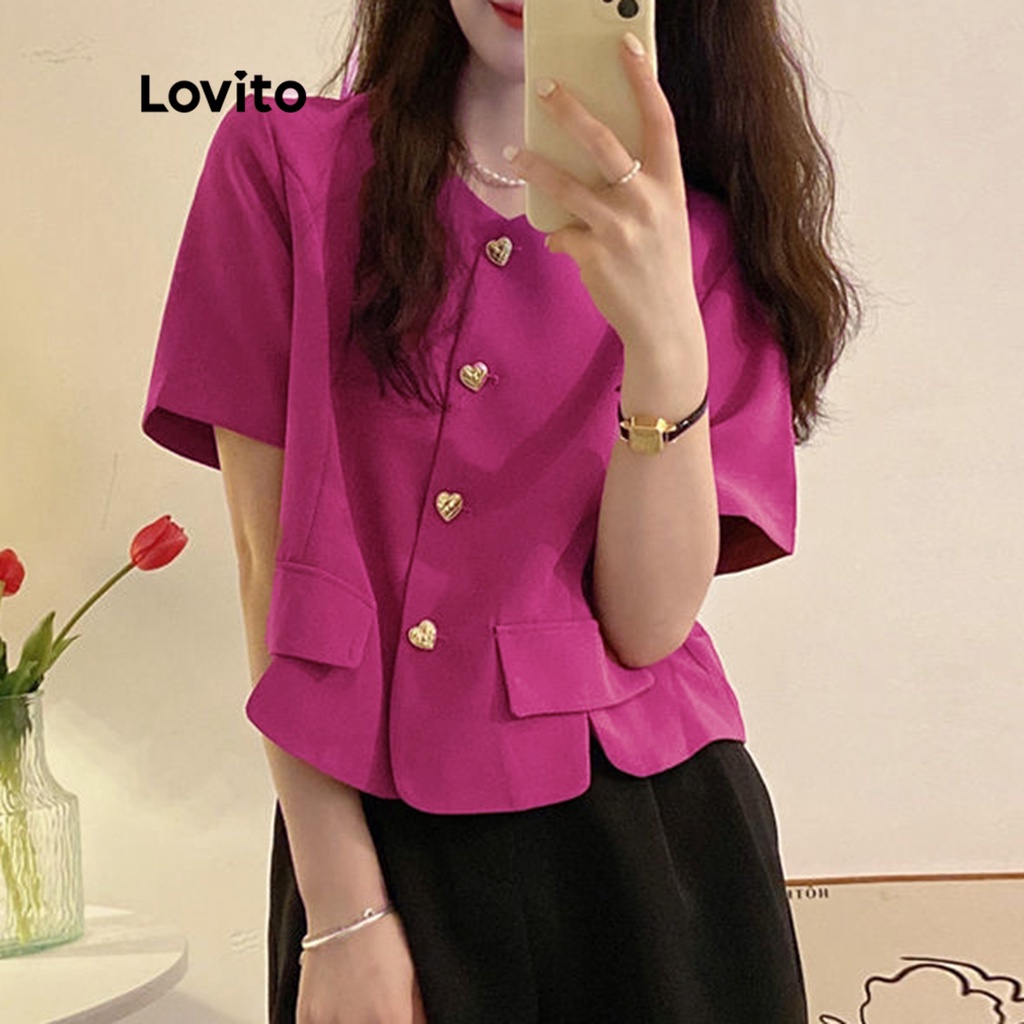 Áo Lovito xẻ tà phối nút màu trơn thường ngày LNA14131 (màu hồng chói)