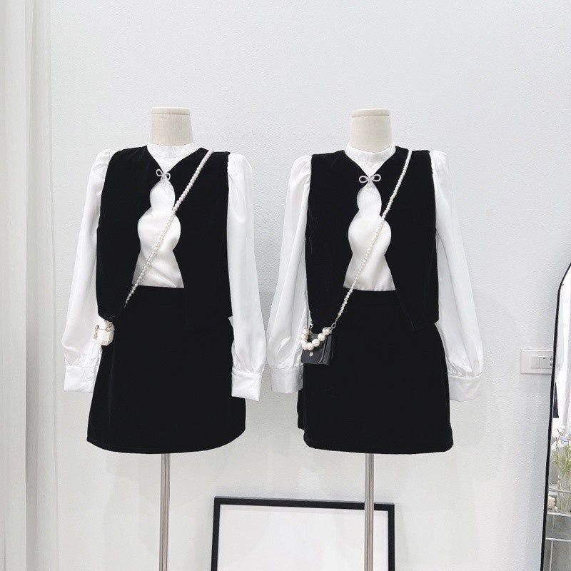 Set 3 món áo sơ mi mix ghile và chân váy nhung - Calina.vn