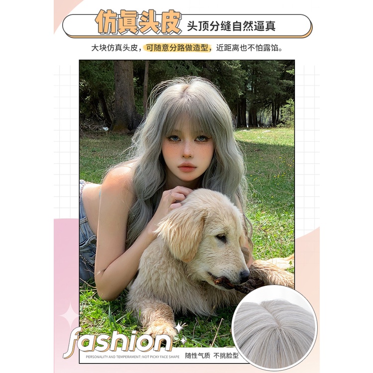 Bộ Tóc Giả Dài Xoăn Gợn Sóng Tự Nhiên Màu Xám Phong Cách lolita