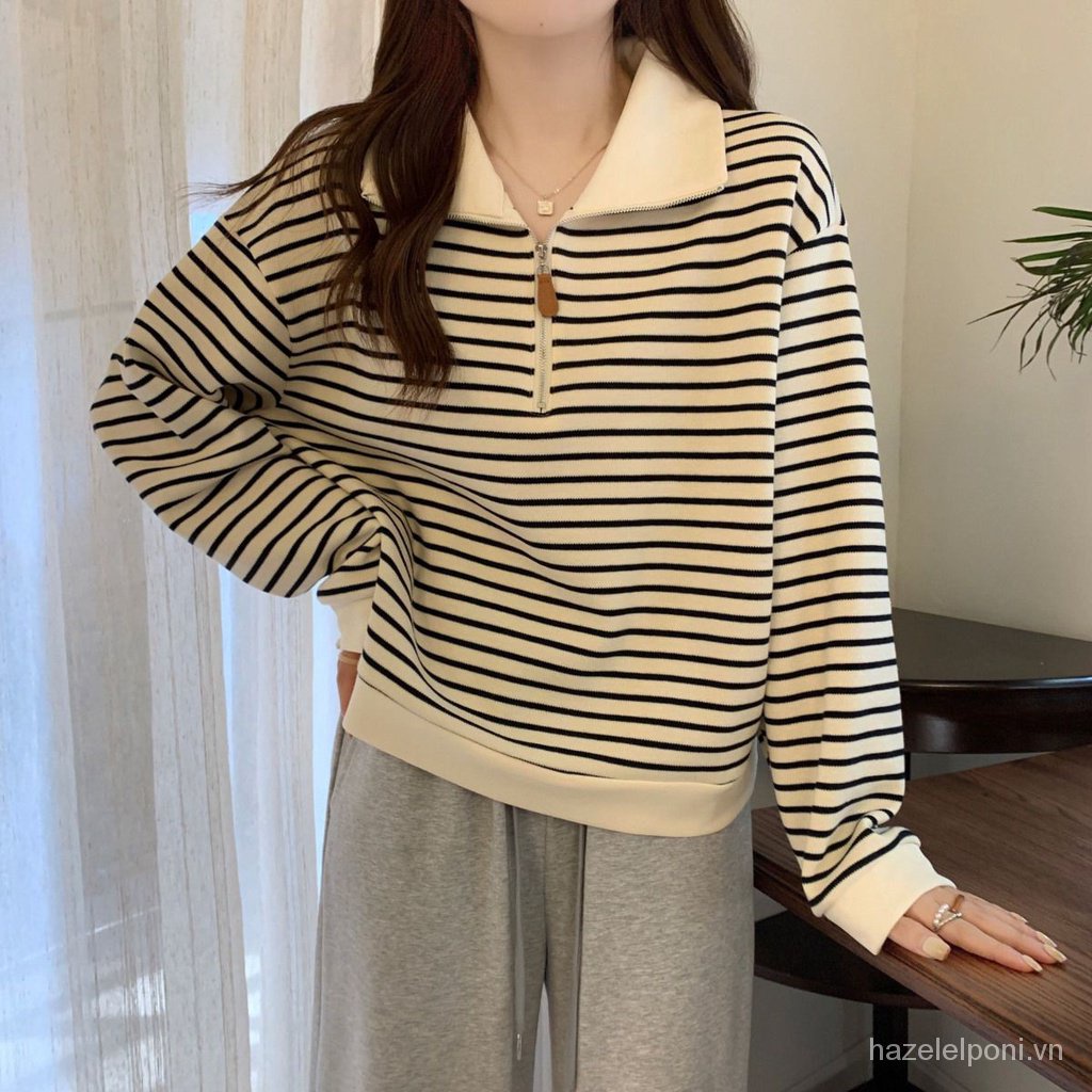 Áo Thun polo Tay Dài Hở Vai Có Khóa Kéo Dáng Rộng Phong Cách Mỹ Thời Trang Mùa Thu Hàng Mới Dành Cho Bạn Nữ