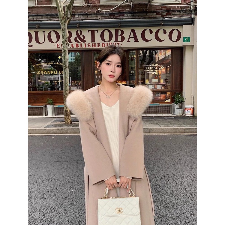Áo Khoác Len Giả Lông Cáo Dáng Dài Có Nón Thời Trang Thu Đông 2023 Cho Nữ