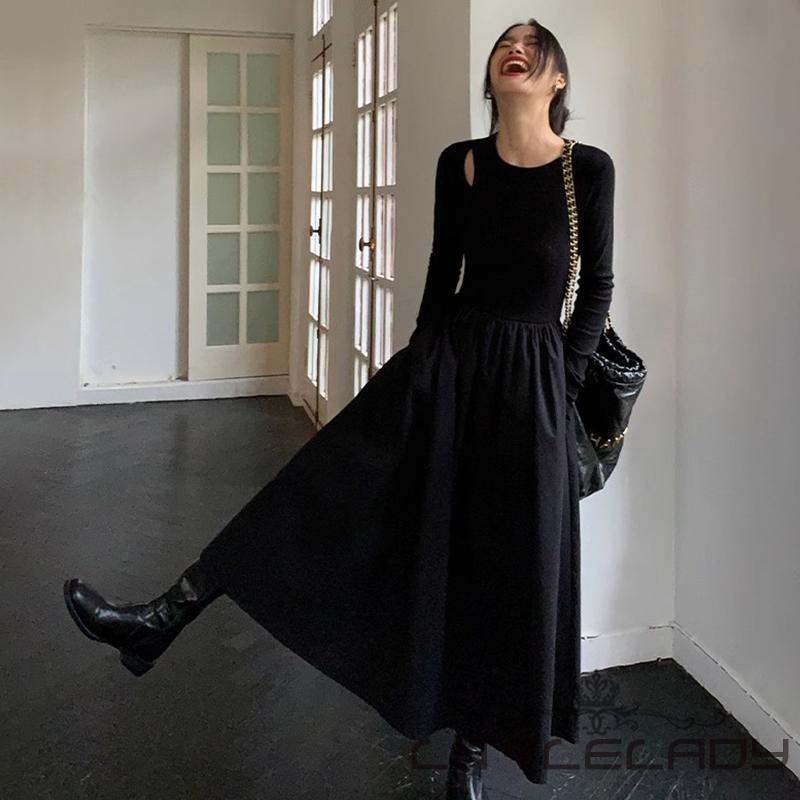 Đầm Dệt Kim Chữ a Tay Dài Khoét Lỗ Có Túi Cho Nữ