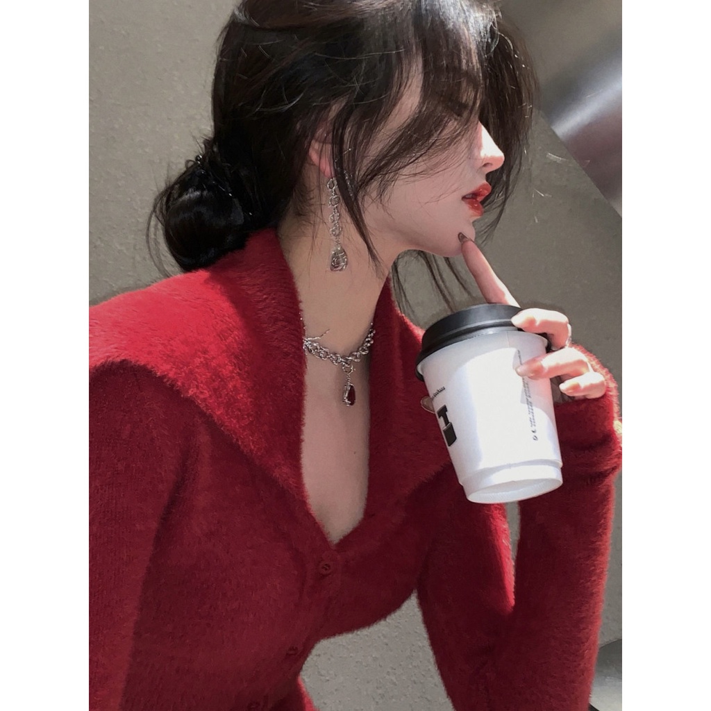 Set Áo Khoác cardigan Lông Cừu Ngắn + Chân Váy Chữ a Lưng Cao Ôm Dáng Thời Trang Giáng Sinh Năm Mới Cho Nữ