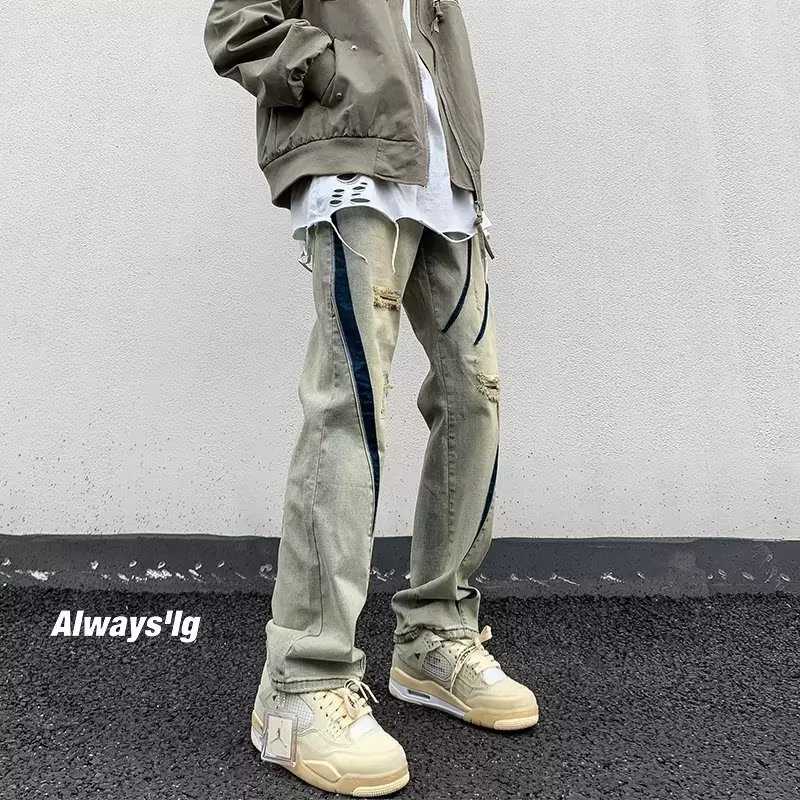 Quần Jean Dài Dáng Rộng Rách Gối Màu Vàng Thời Trang Thu Đông Phong Cách hip hop Hàn Quốc Cho Cặp Đôi