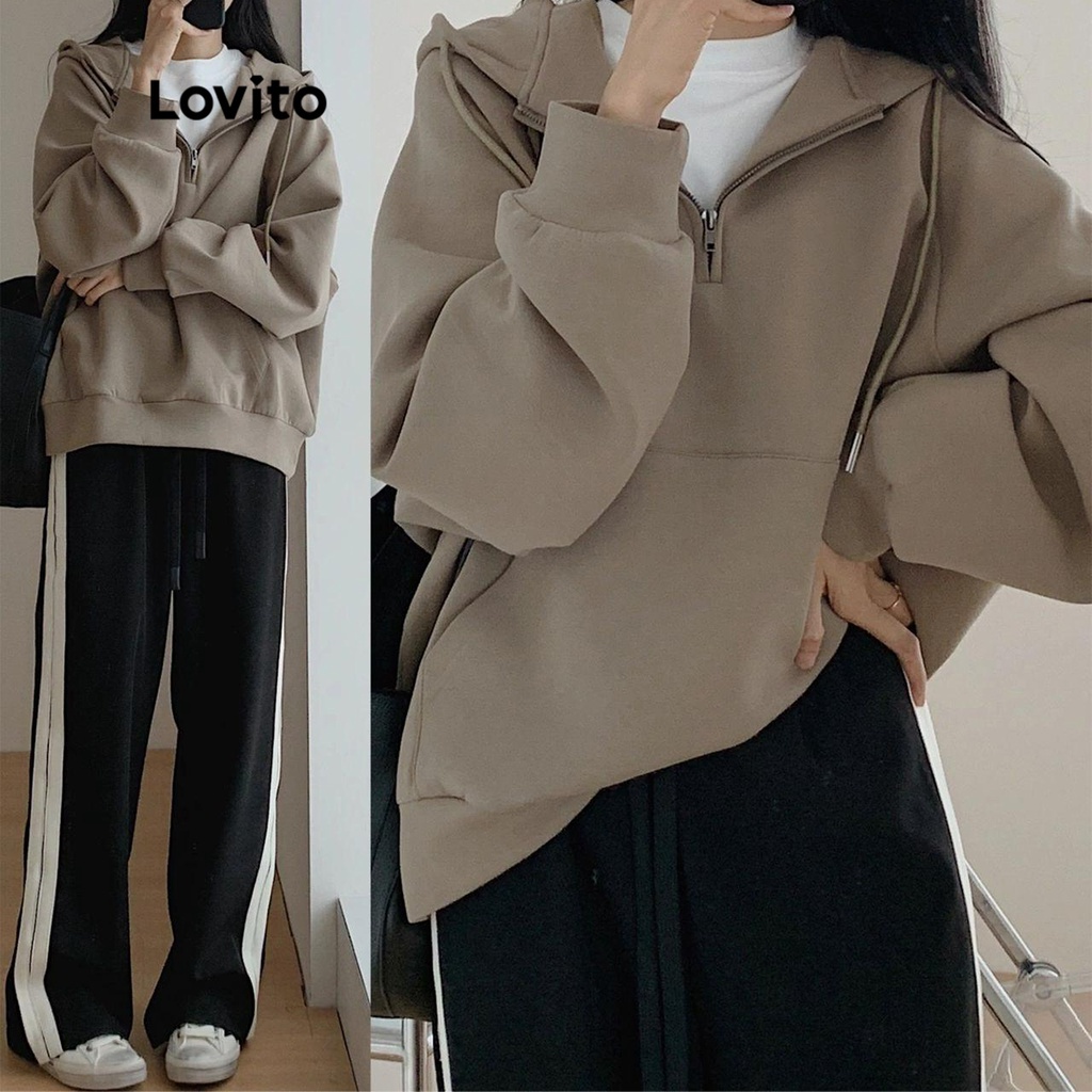 Áo hoodie Lovito nỉ trùm đầu dây rút khóa kéo màu trơn thường ngày cho nữ LNE15062 (màu nâu)