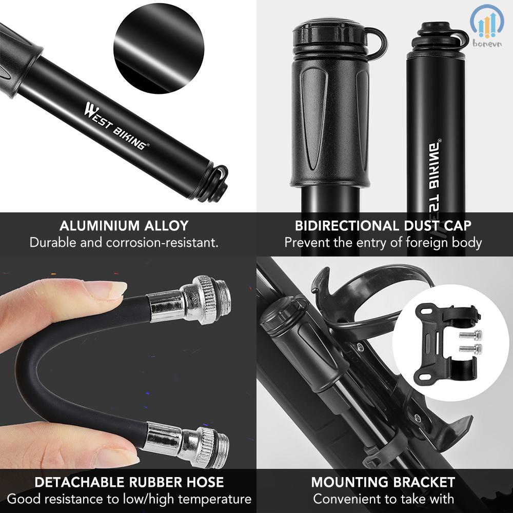 WEST BIKING Portable Bicycle Pump Aluminum Alloy Tire Tube Mini High Pressure Hand Pump Inflator Bike