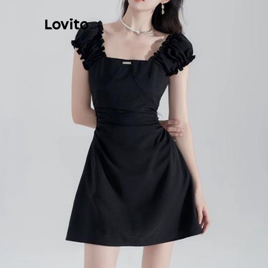 Đầm chữ a ngắn Lovito váy xinh nhẹ nhàng xếp nếp viền nhún bèo màu trơn thường ngày cho nữ LNA20065