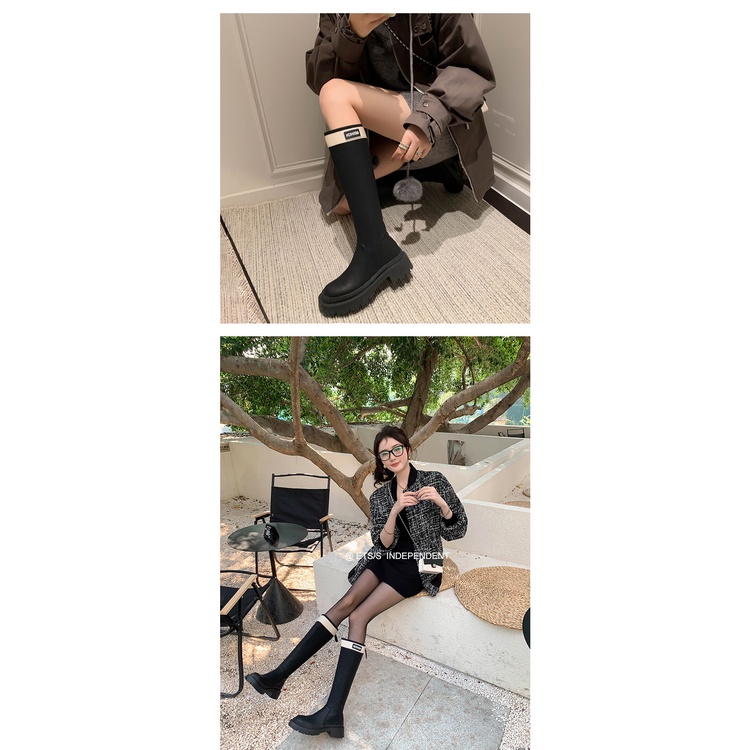 Giày Bốt Cổ Cao Đến Đầu Gối Màu Đen Phong Cách Anh Quốc Thời Trang Mùa Thu 2023