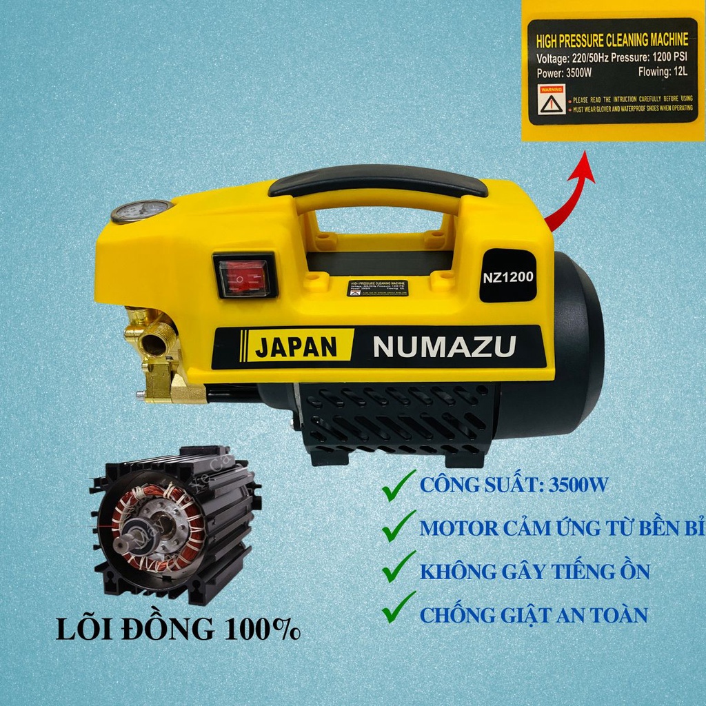 MÁY RỬA XE ÁP LỰC CAO NUMAZU 3500W KHÔNG CHỈNH ÁP, BẢO HÀNH 24 THÁNG TẶNG KÈM ĐẦY ĐỦ PHỤ KIỆN