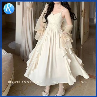 Đầm Hai Dây Cổ Chữ v Màu Trơn Dáng Dài Phong Cách Pháp Thời Trang Xuân Thu Cho Nữ