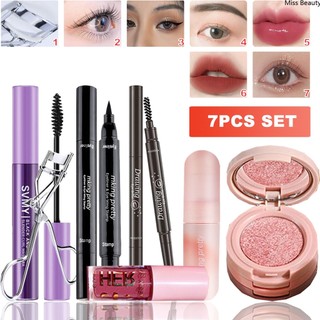 Bộ trang điểm tự nhiên 7 món gồm son lì + phấn mắt + bút kẻ lông mày + bút kẻ mắt + mascara + kẹp uốn mi