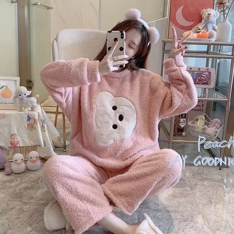 DIAKE❤Bộ Đồ Ngủ pijama công chúa  Chất Nỉ Phối Lông Cừu San Hô Dày Dặn Ấm Áp Thời Trang Thu Đông Dễ Thương Cho Nữ