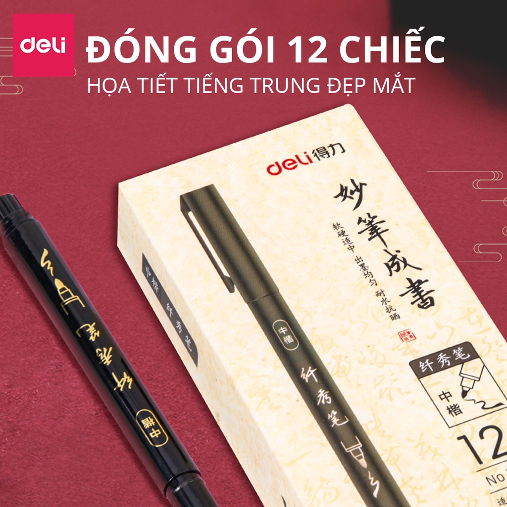 Bút viết thư pháp chữ Hán Calligraphy Deli - bút lông brush pen bốn kích cỡ ngòi, có thể đổ thêm mực chuyên luyện viết | BigBuy360 - bigbuy360.vn