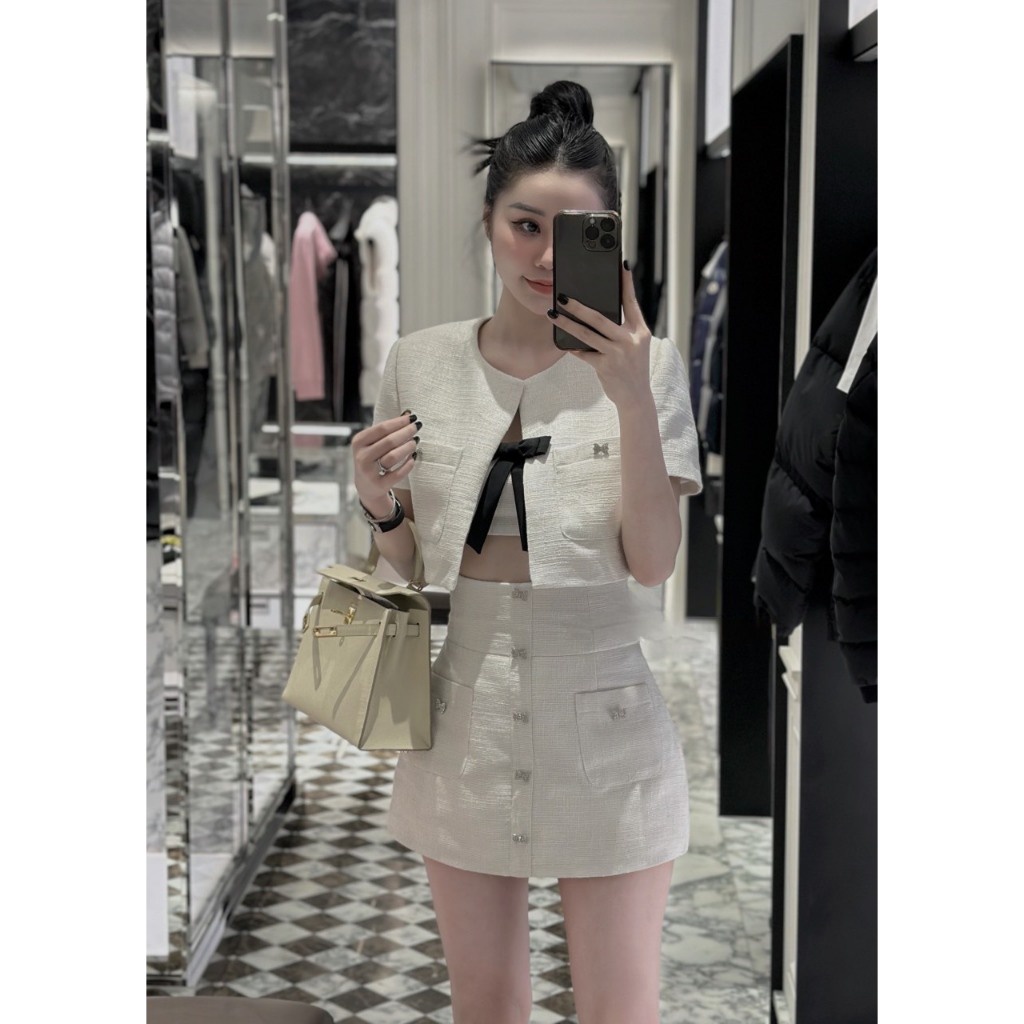 Set dạ tweed đính nơ 3 món Áo khoác + Ao dây nơ + Chân váy