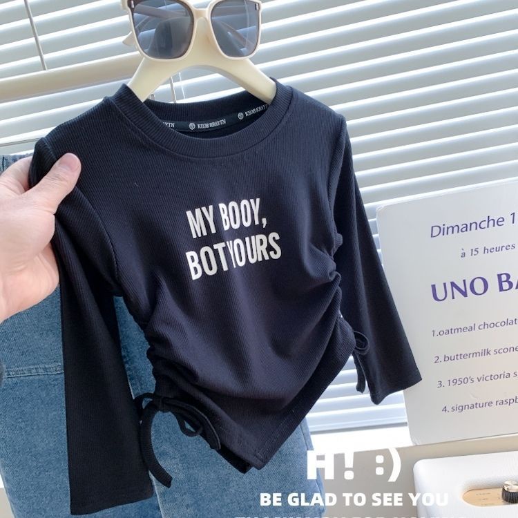 Thời Trang Áo Thun Tay Dài Co Giãn In Chữ Hai Mặt Phối Dây Rút Phong Cách Hàn Quốc Xuân Thu 2024 Cho Nữ