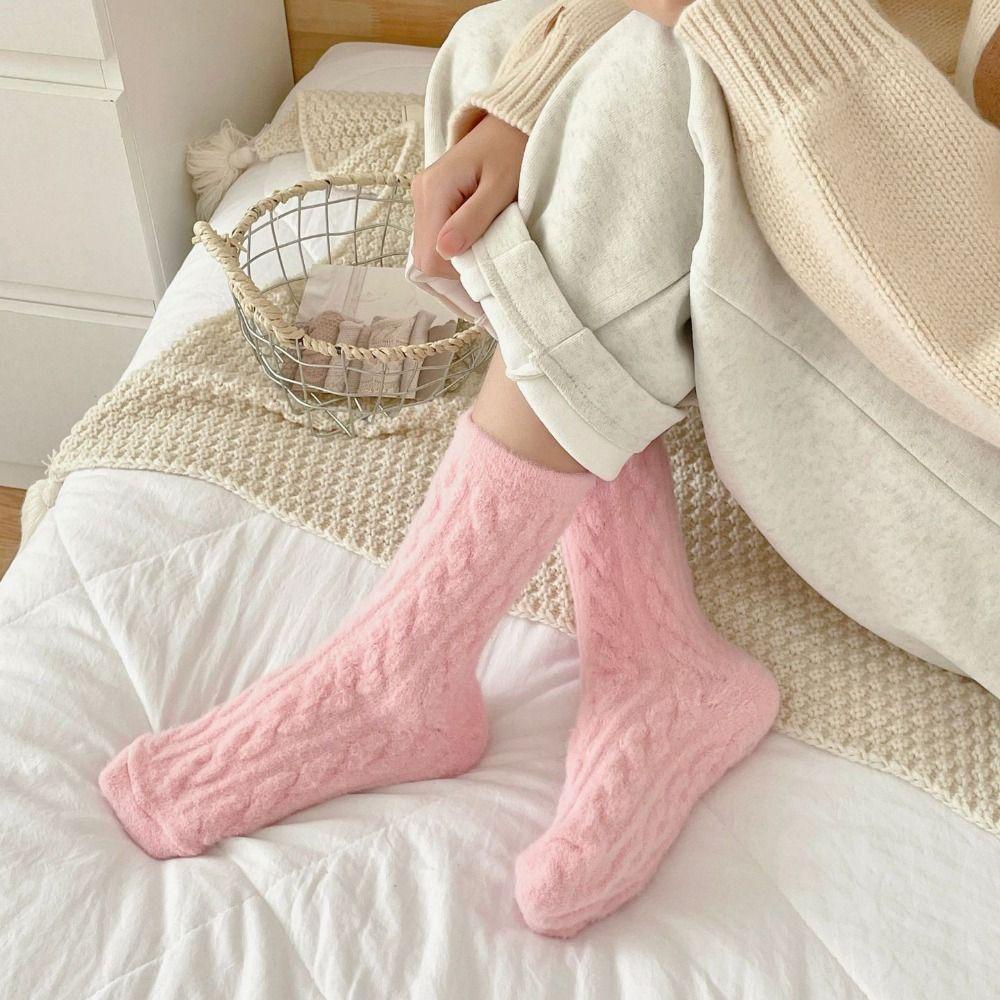 Kent1 Đôi Vớ cotton Phối Nhung Lông Cừu Dày Mềm Mại Màu Trơn Giữ Ấm Mùa Đông Cho Nữ