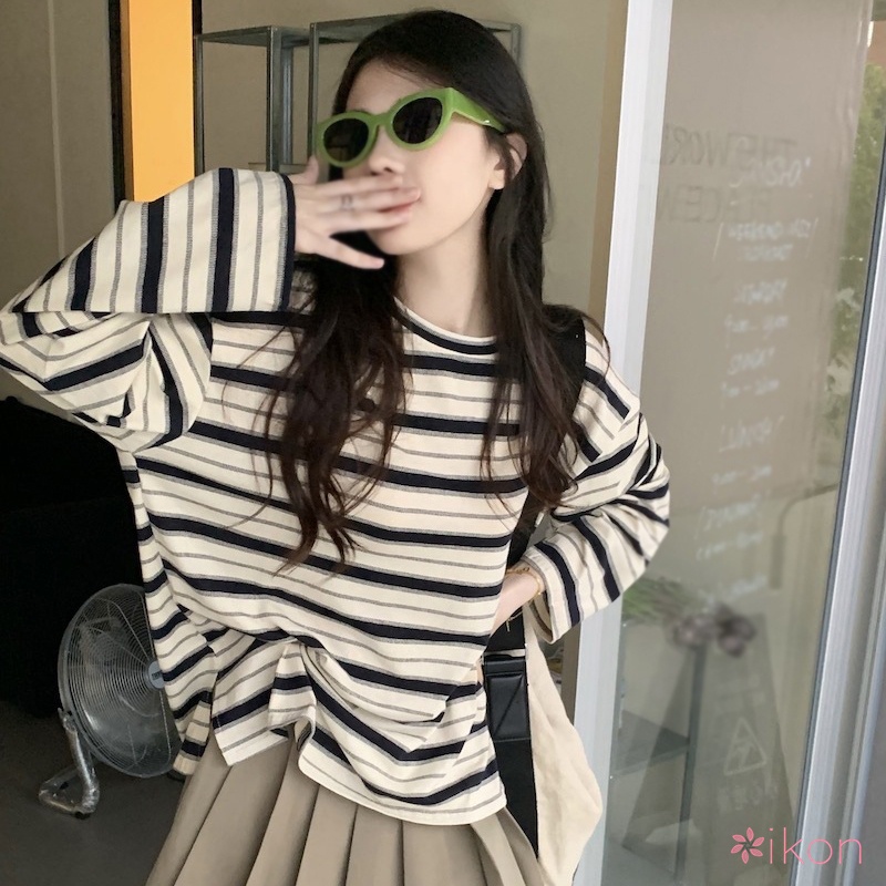 Áo Thun Tay Dài Cổ Tròn Họa Tiết Kẻ Sọc Màu Tương Phản Dành Cho Nữ
