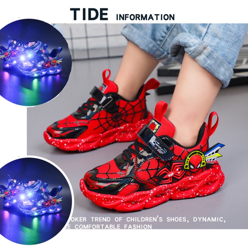 Suge Giày Thể Thao Mềm Thoáng Khí Có Đèn led Phát Sáng Hình Người Nhện Cho Bé