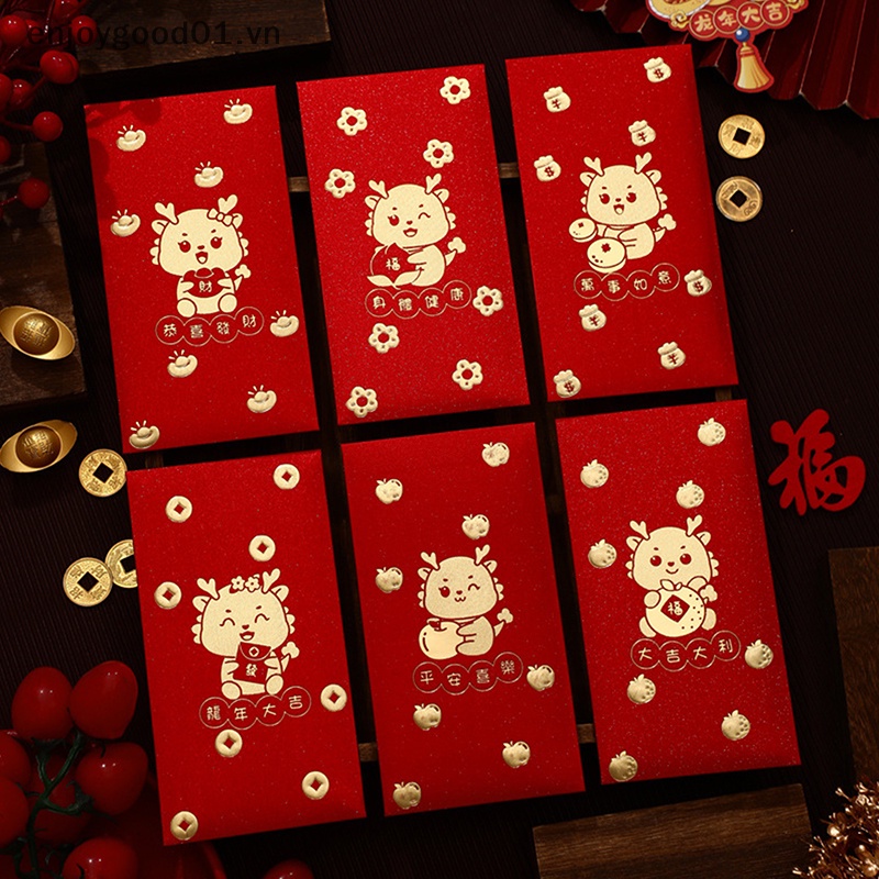 Set 6 Bao Lì Xì Màu Đỏ Họa Tiết Rồng Năm Mới 2024 Phong Cách Trung Hoa