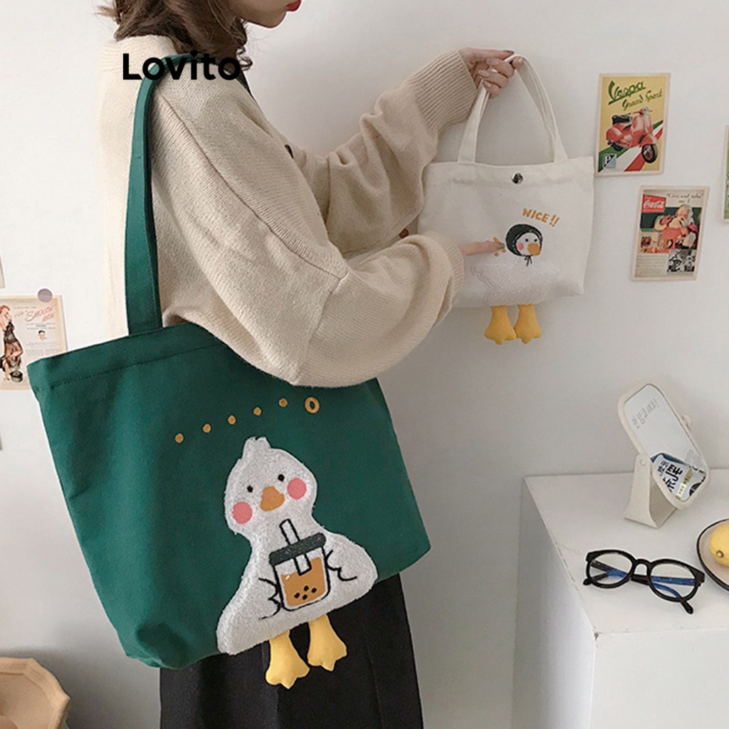Túi tote đeo vai Lovito lông mịn trà sữa búp bê vịt động vật dễ thương cho nữ LFA08668 (Màu be/ xanh lá)