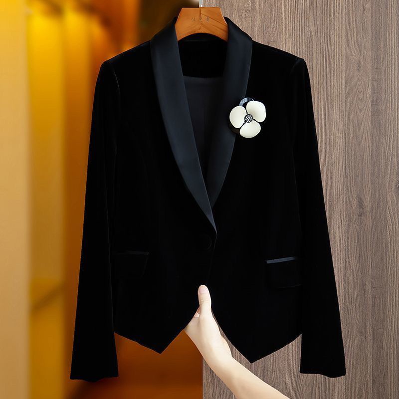 Thương Hiệu Thương Hiệu Đầu Tiên Thương Hiệu Lớn Áo Khoác Vest Ngắn Vải Nhung Ngắn Màu Đen Phối Nhãn Hiệu Đơn Cắt Hình Hoa Trà Mùa Xuân Thu Cho