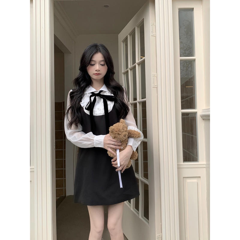 Ảnh chụp thật Đầm kèm áo trắng thắt nơ xinh xắn phong cách tiểu thư Bigsize thời trang