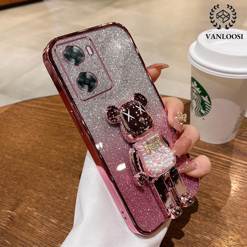 ốp lưng oppo a57 2022 a77 a77s Ốp Điện Thoại Mềm Mạ Điện Hình Gấu Lấp Lánh Có Giá Đỡ Xoay Chống Rơi 