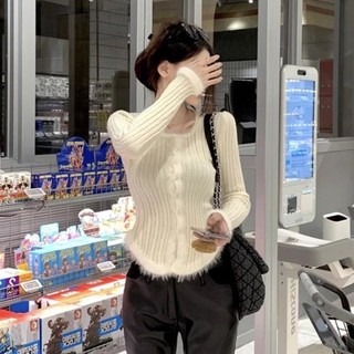 Cozok áo thun dệt kim tay dài chắp vá viền thô vừa vặn thời trang hàn quốc