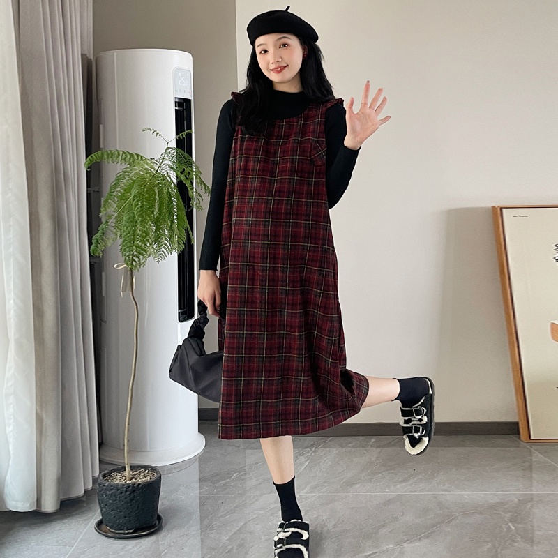 Sugemiusi Set Áo Len Không Tay Và Váy Caro Phong Cách Mới Cho Mẹ Bầu