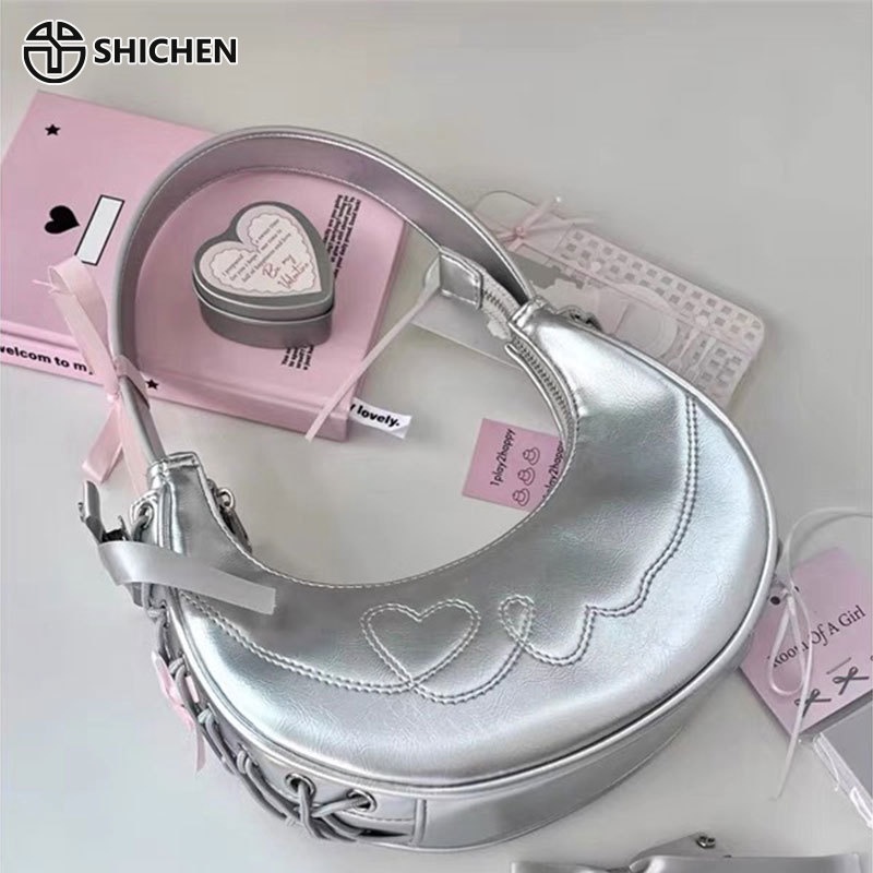 Shi chen Túi Da pu Đeo Cánh Tay Thêu Hình Trái Tim Mặt Trăng Lưỡi Liềm Phong Cách Hàn Quốc Thời Trang Ngọt Ngào Và Cá Tính Đa Năng