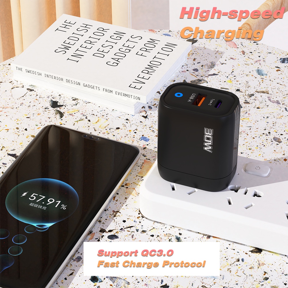 Củ Sạc Nhanh 30w usb + type-c Có Đèn Cho xiaomi huawei ip