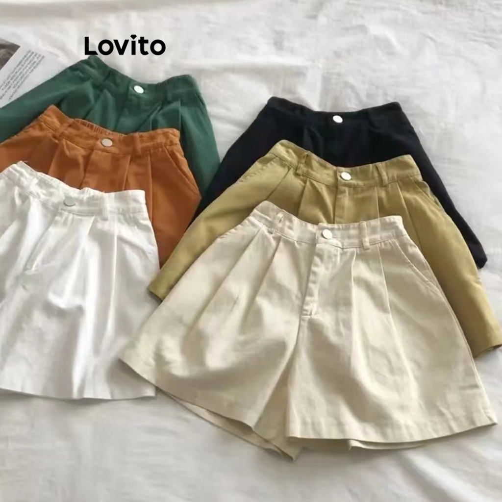 Quần đùi Lovito cài nút trước màu trơn thanh lịch cho nữ LNE21300
