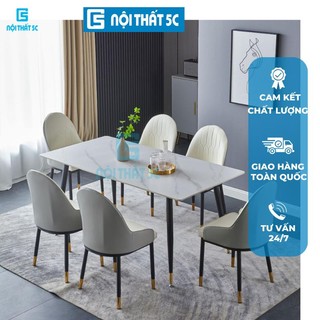 Bàn Ăn Chân Sắt Nội Thất 5C Hiện Đại Nhỏ Gọn Mặt Màu Vân Đá Sang Trọng, Bàn Ăn Tiệc Thiết Kế Mới Nhất Lắp Ráp Đơn Giản