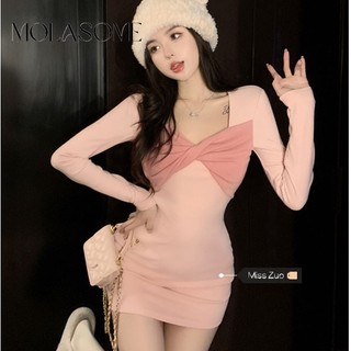 MOLASOME Nữ Màu Trơn Cổ Vuông Tay Dài Slim Fit Mini Dress