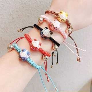Vòng Tay Dây Bện Mặt Hình Mèo May Mắn Đính Hạt Gốm Dễ Điều Chỉnh Cho Cặp Đôi Bạn Gái